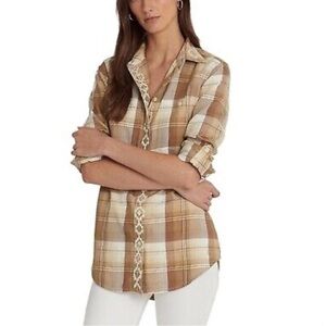 Lauren Ralph Lauren Tan Plaid Aztec Print Embroidered Button Up, size Large